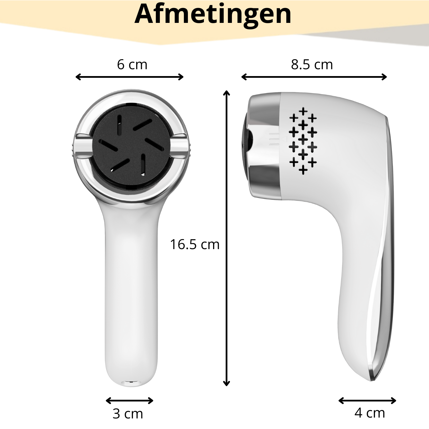 Afmetingen van de eeltverwijderaar – 16,5 cm lang, 6 cm breed, 4 cm diep
