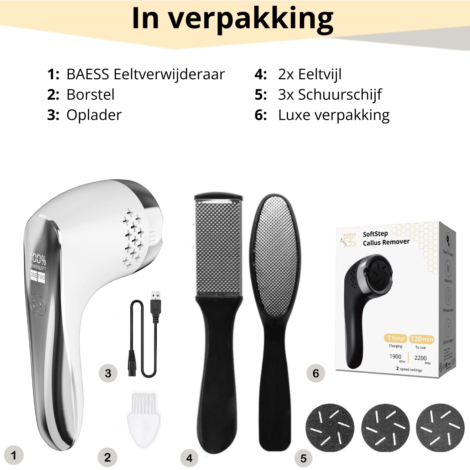 Inhoud verpakking: eeltverwijderaar, oplader, borstel, 2 eeltvijlen, 3 schuurschijven en luxe doos