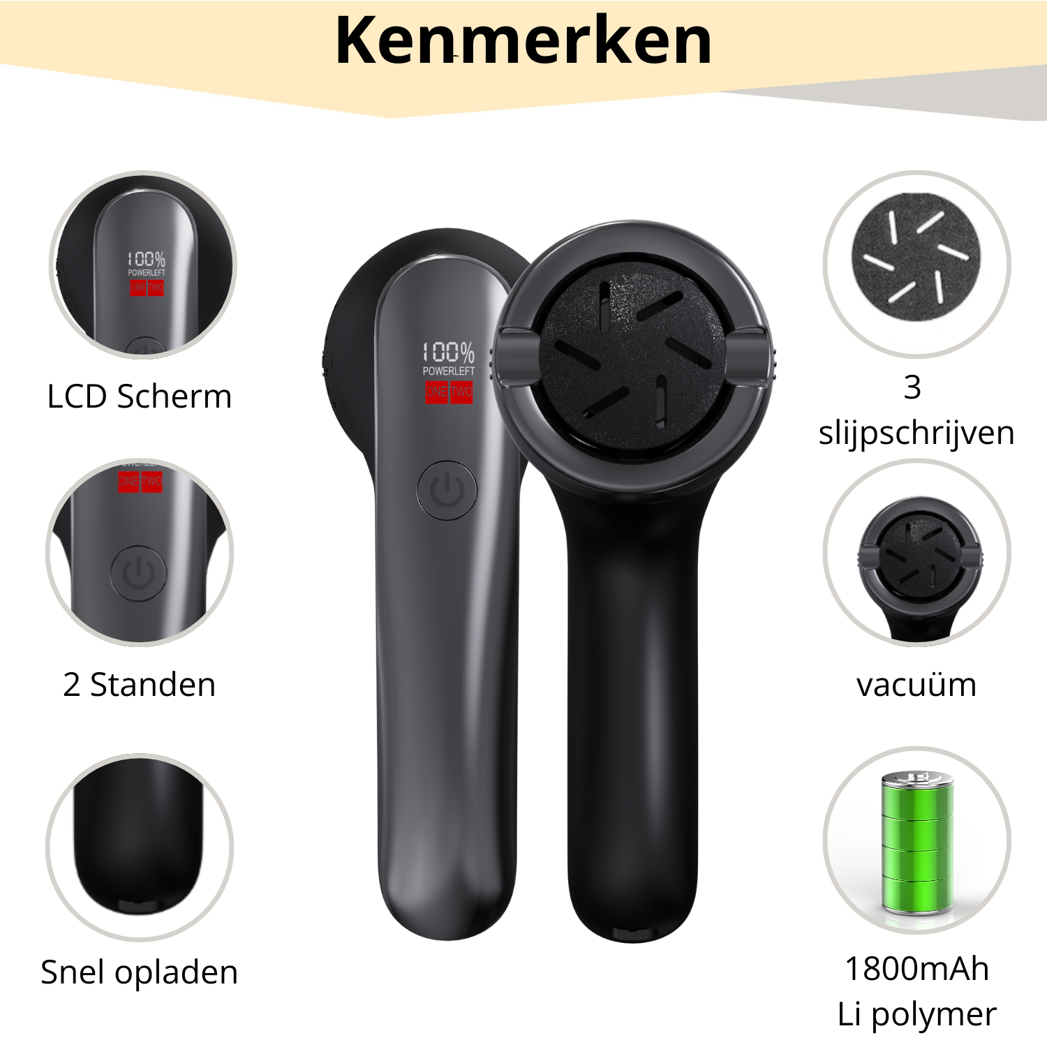 BAESS elektrische eeltverwijderaar – met LCD-display, 2 snelheden, vacuümfunctie en 1800mAh accu