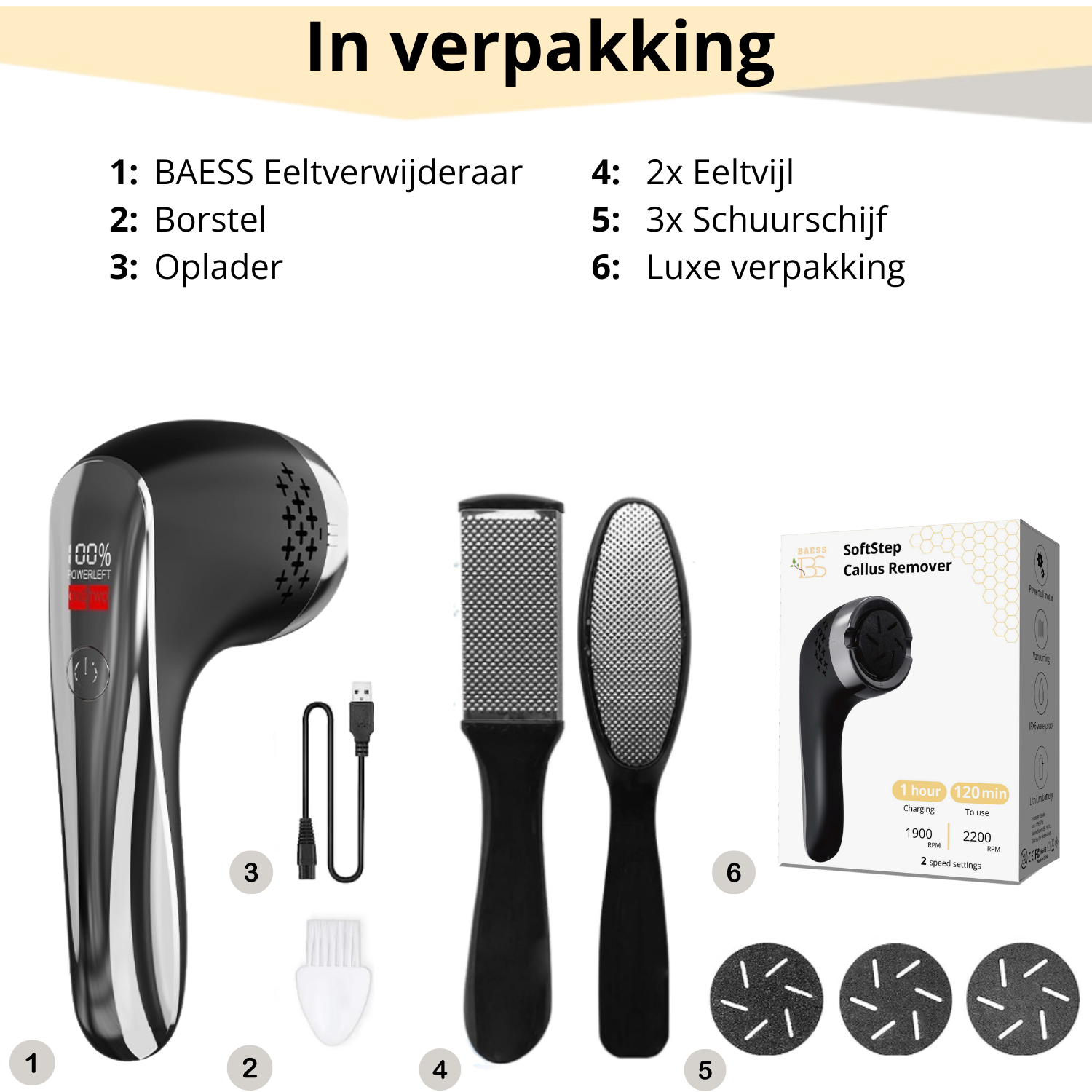 Inhoud verpakking: eeltverwijderaar, oplader, borstel, 2 eeltvijlen, 3 schuurschijven en luxe doos