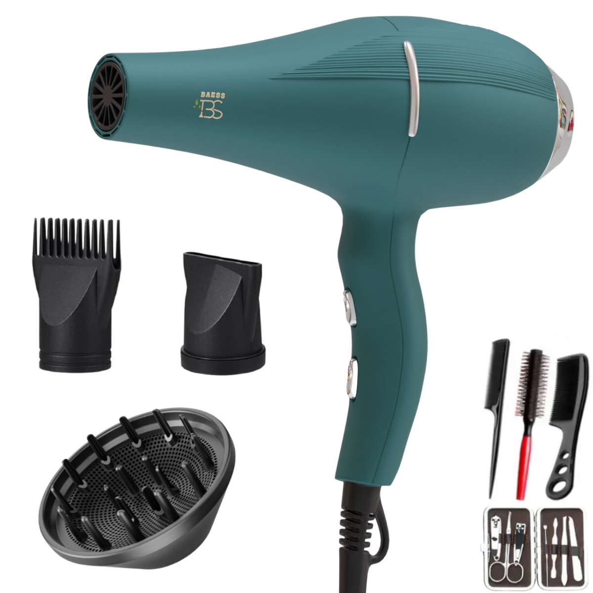 Baess Föhn met diffuser - 5 Standen - Ionische Haardroger - 2200 Watt - Coolshot - Krullen - Hair dryer (Groen)