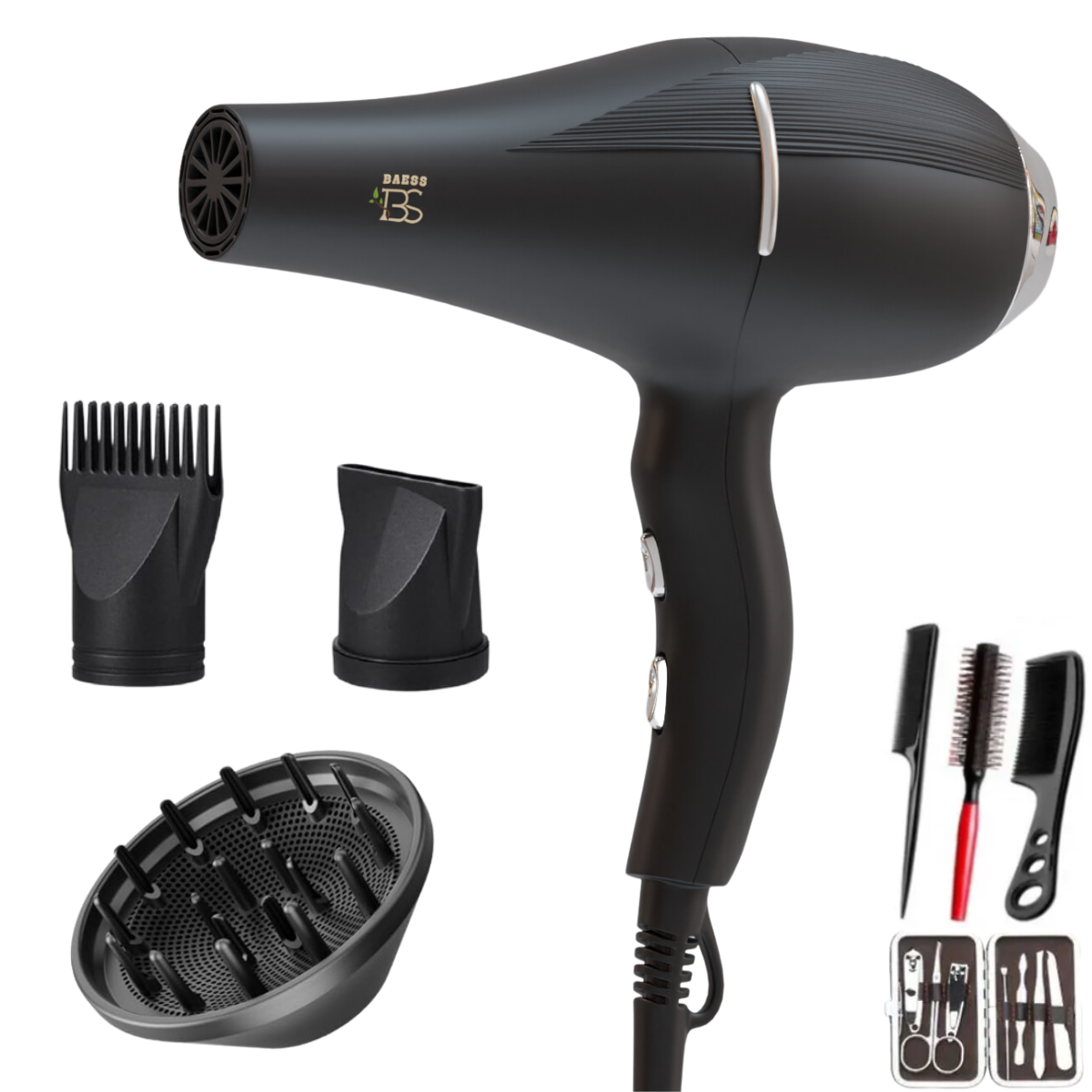 Professionele haardroger met diffuser, concentrator en kam