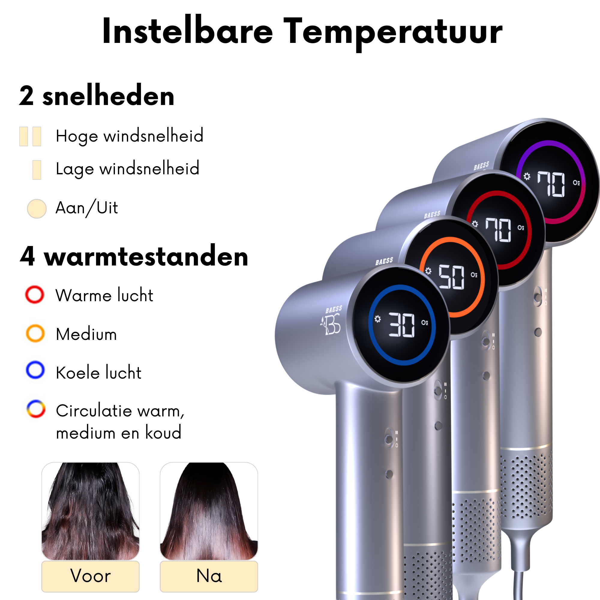 BAESS haardroger met 4 temperatuurstanden en 2 snelheden – zichtbaar resultaat met ionentechnologie