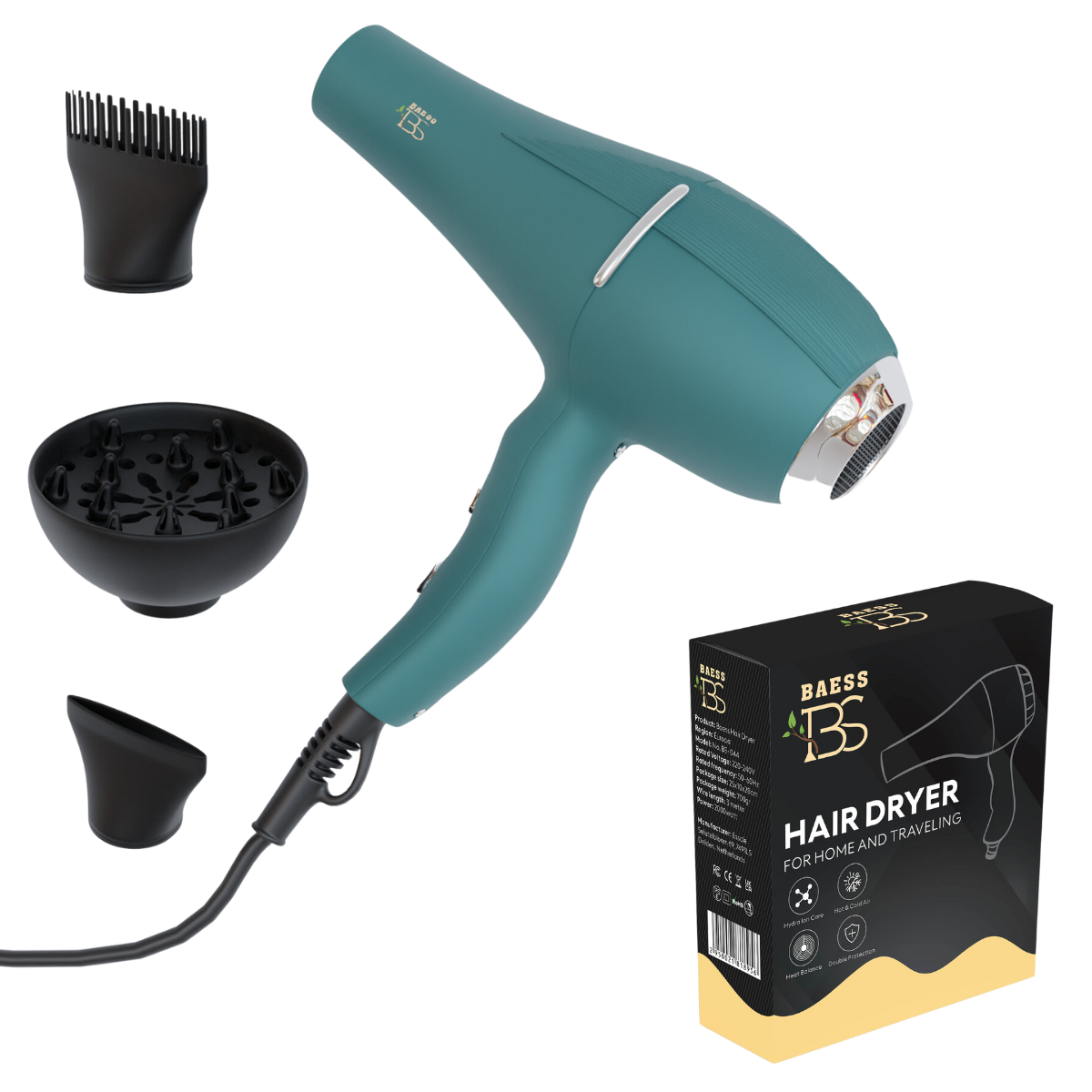 Hair dryer met diffuser, concentrator en kammondstuk – geleverd in luxe verpakking voor thuis en reizen
