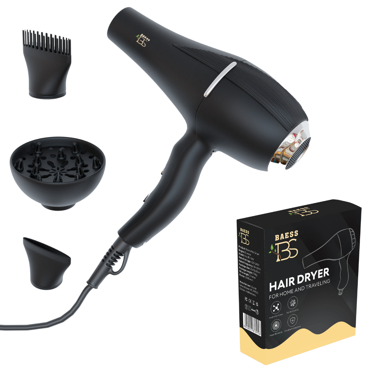 Hair dryer met diffuser, concentrator en kammondstuk – geleverd in luxe verpakking voor thuis en reizen