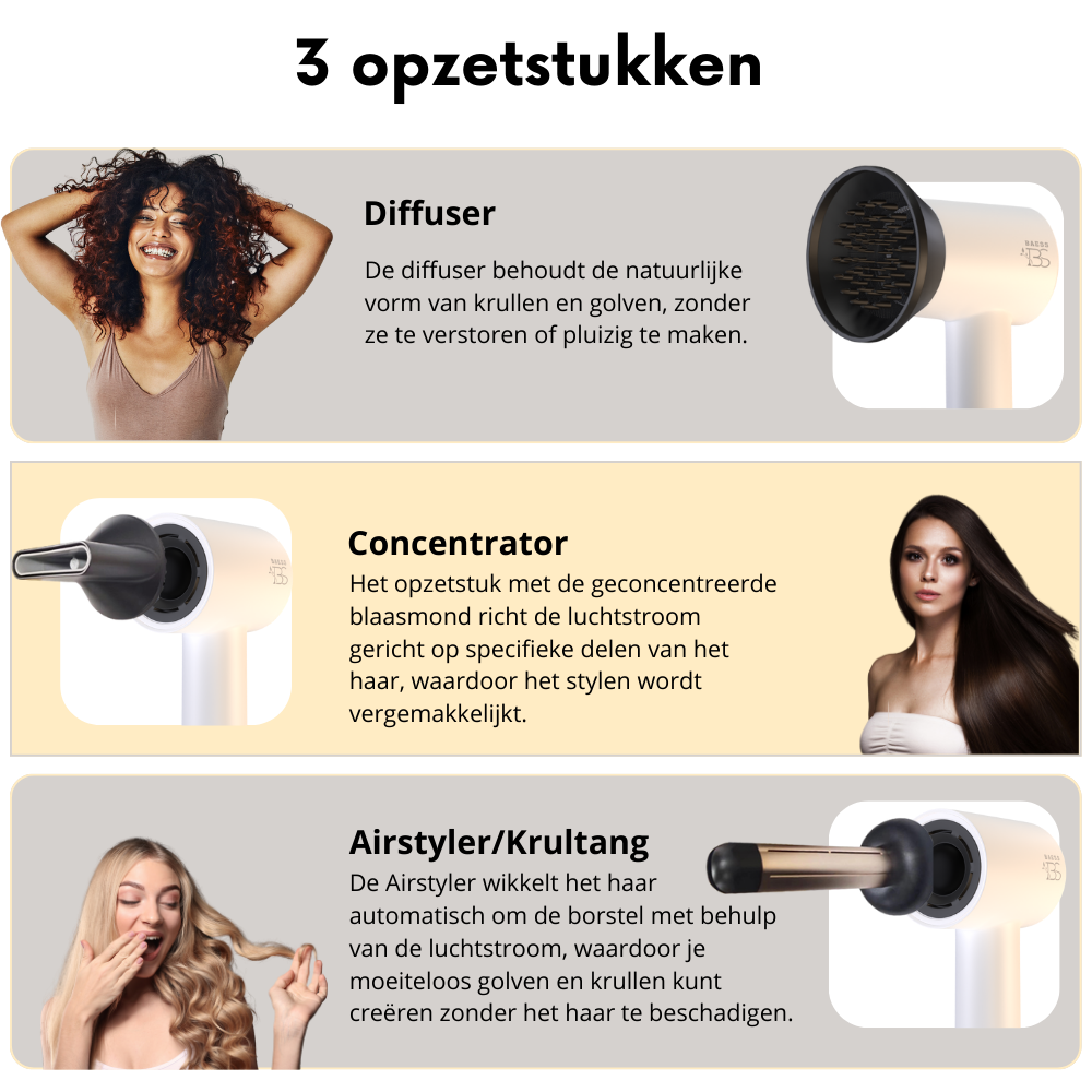 Föhn met Diffuser, Airstyler en Concentrator - Ionentechnologie - 8 standen