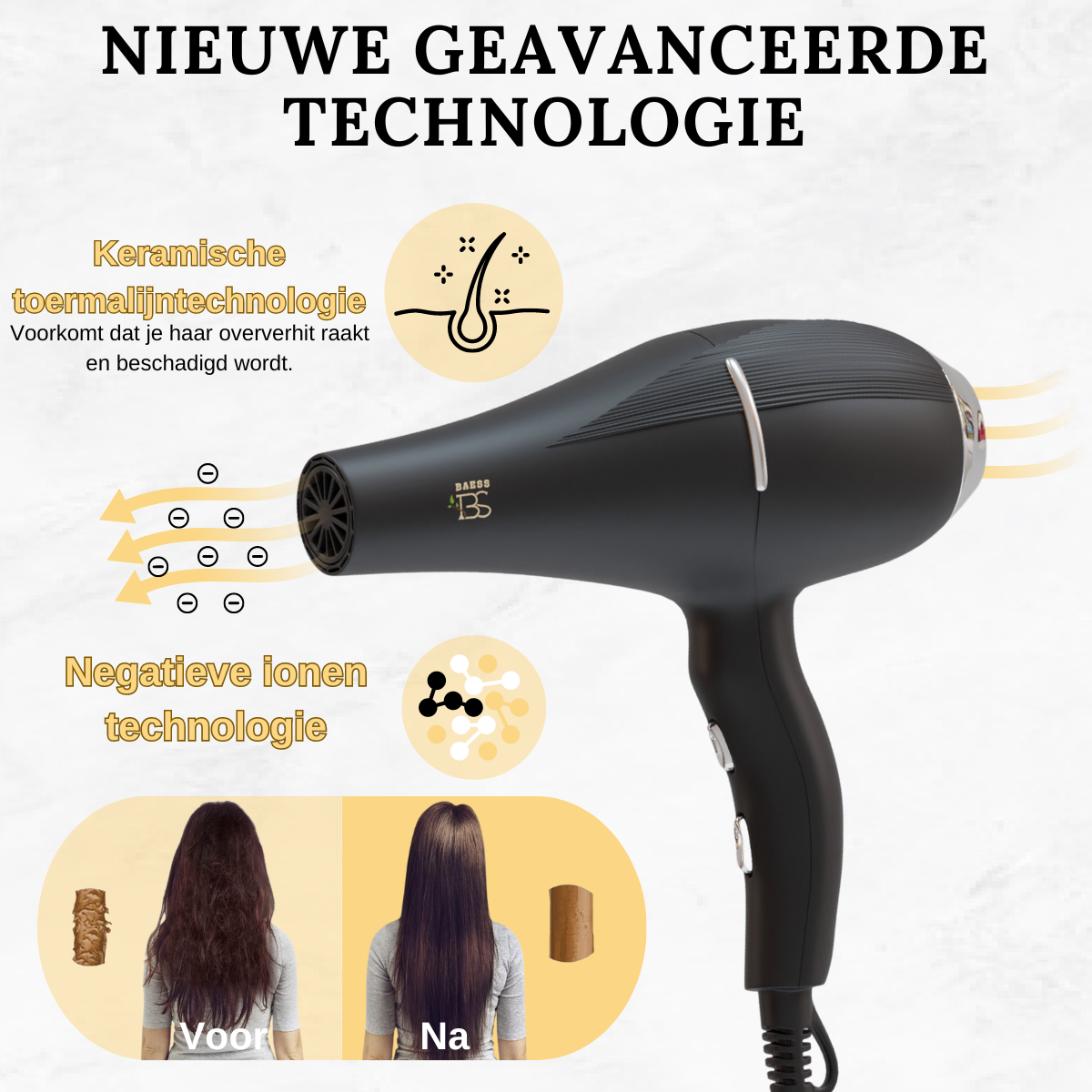 Professionele haarfohn met 2200W AC-motor en verwarmingssysteem voor snel drogen en krachtige luchtstroom.