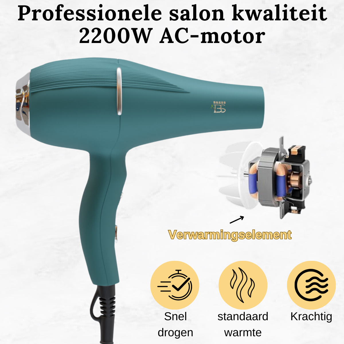 Professionele haarfohn met 2200W AC-motor en verwarmingssysteem voor snel drogen en krachtige luchtstroom.
