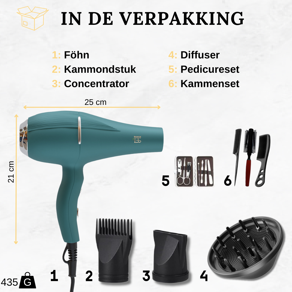 Inhoud van haardroger verpakking met diffuser, concentrator, kammondstuk, pedicureset en kammen