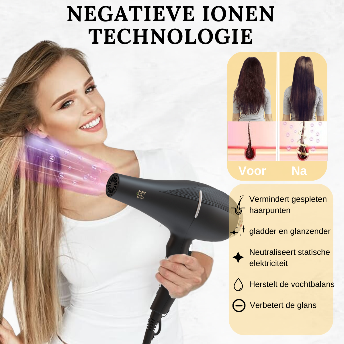 Hair dryer met ionentechnologie voor glanzend haar, minder pluis en gespleten punten – voor en na resultaat zichtbaar