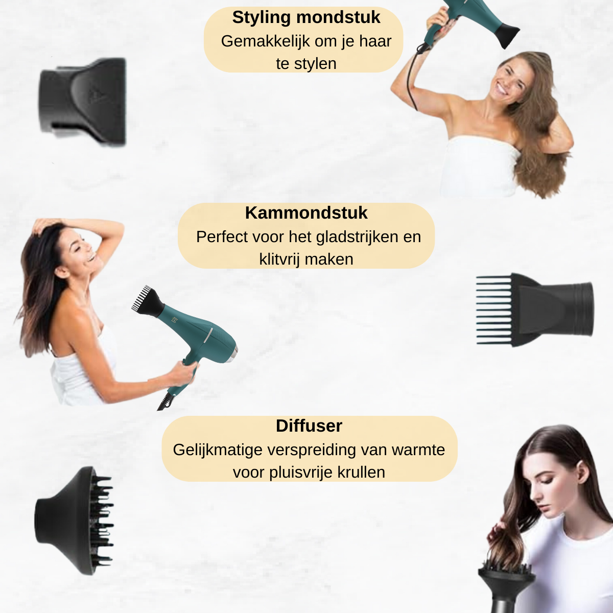 Föhn met stylingmondstuk, kammondstuk en diffuser voor pluisvrij stylen, krullen en ontklitten van het haar