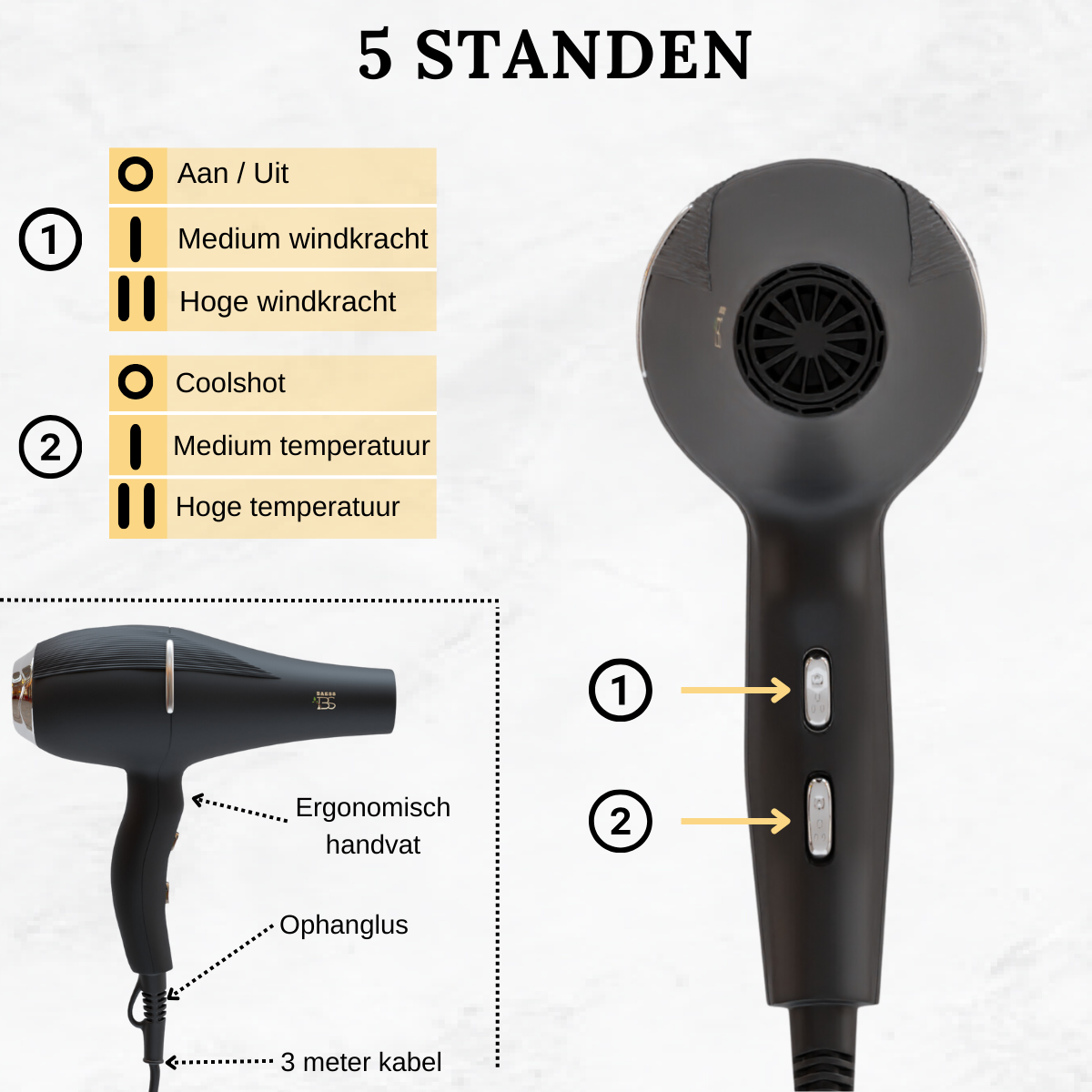 Hair dryer met 5 standen voor temperatuur en windkracht, ergonomisch handvat en 3 meter kabel