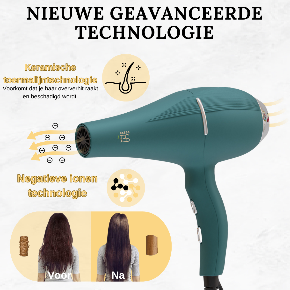 fohns met ionentechnologie en keramische toermalijn voor gladder haar – voor en na resultaat zichtbaar op de afbeelding