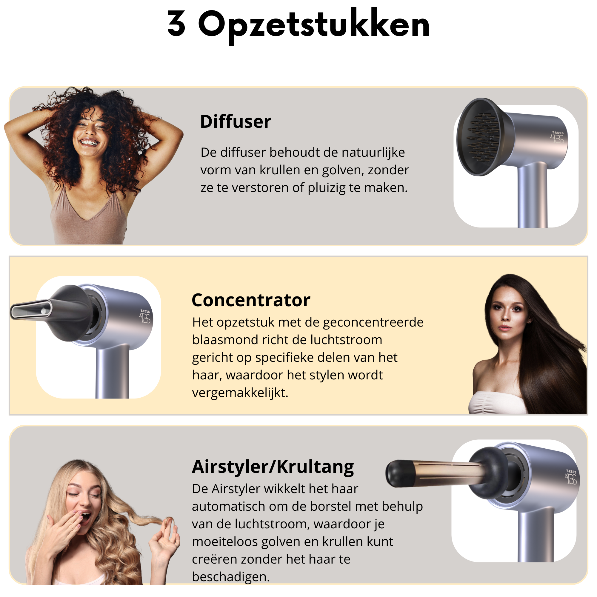 Haardroger met 3 opzetstukken – diffuser voor krullen, concentrator voor styling en krultang voor volume