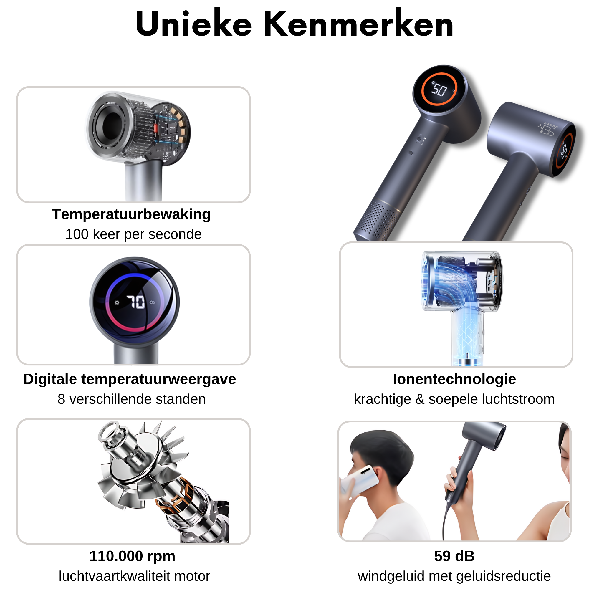 Haardroger met temperatuurbeveiliging, ionentechnologie, stille motor en digitaal display