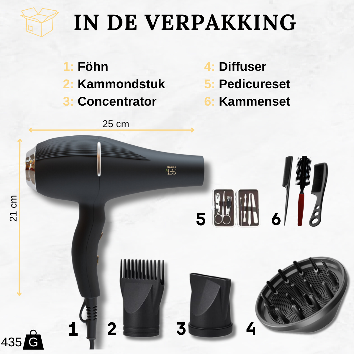 Inhoud van haardroger verpakking met diffuser, concentrator, kammondstuk, pedicureset en kammen