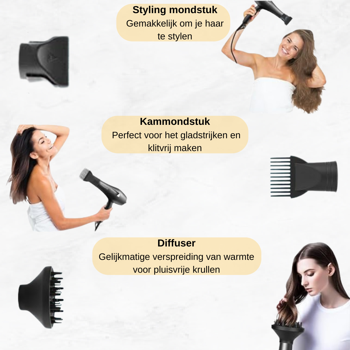 Föhn met stylingmondstuk, kammondstuk en diffuser voor pluisvrij stylen, krullen en ontklitten van het haar