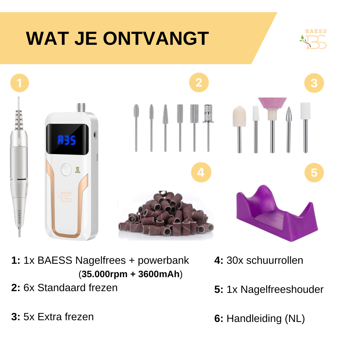Inhoud van de elektrische nagelfrees set met 35.000 toeren en 3600mAh batterij – inclusief bits, schuurrolletjes, houder en handleiding