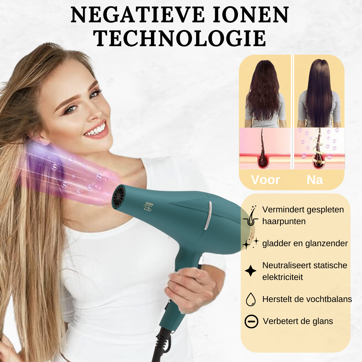 Hair dryer met ionentechnologie voor glanzend haar, minder pluis en gespleten punten – voor en na resultaat zichtbaar