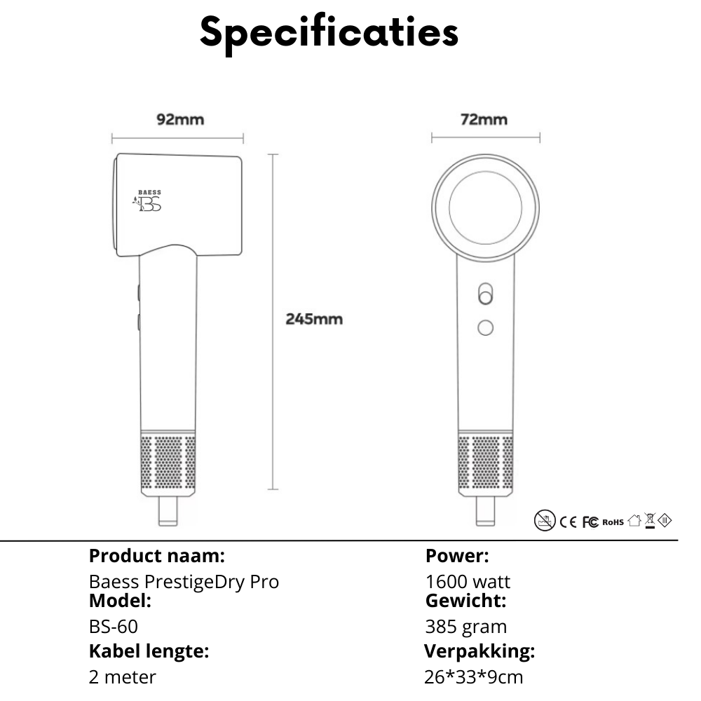 Föhn met Diffuser, Airstyler en Concentrator - Ionentechnologie - 8 standen