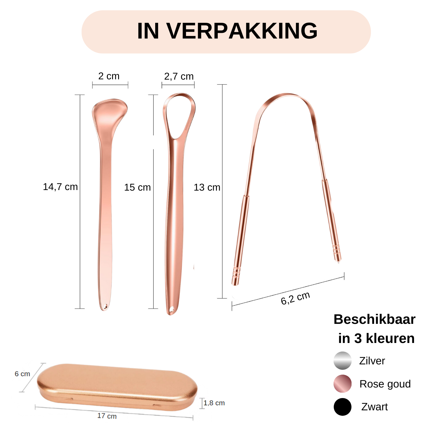 Afmetingen van de 3-in-1 RVS tongschraper set met opbergdoosje, verkrijgbaar in zilver, zwart en roségoud