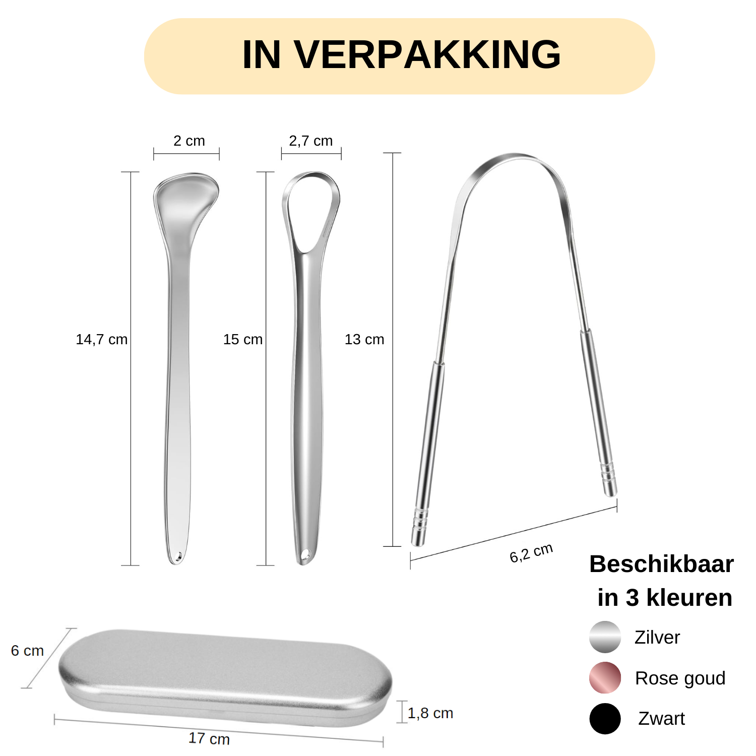 Afmetingen van de 3-in-1 RVS tongschraper set met opbergdoosje, verkrijgbaar in zilver, zwart en roségoud