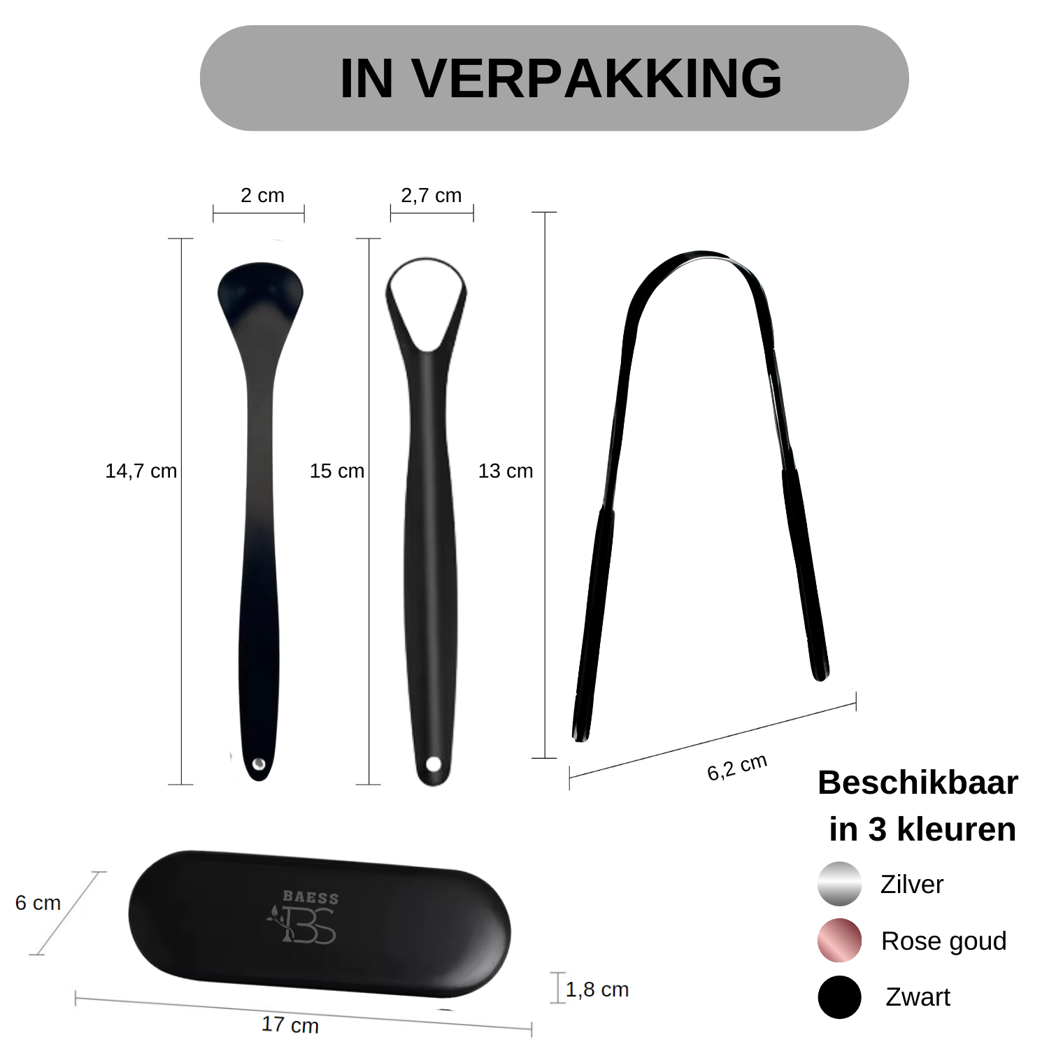 Afmetingen van de 3-in-1 RVS tongschraper set met opbergdoosje, verkrijgbaar in zilver, zwart en roségoud