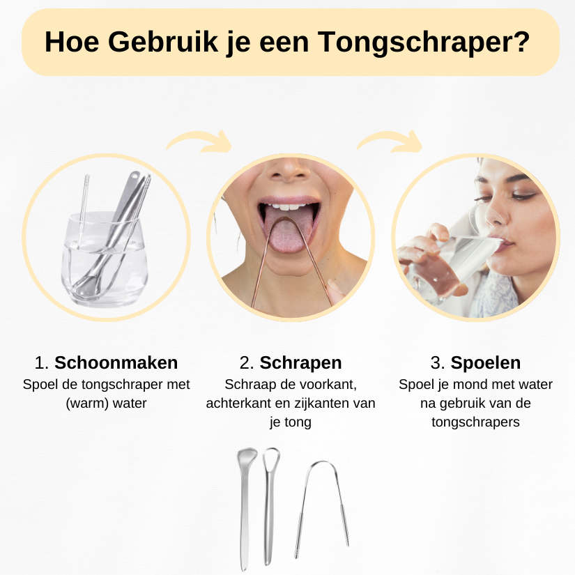 Uitleg over het gebruik van een tongschraper in drie stappen: schoonmaken, schrapen en spoelen