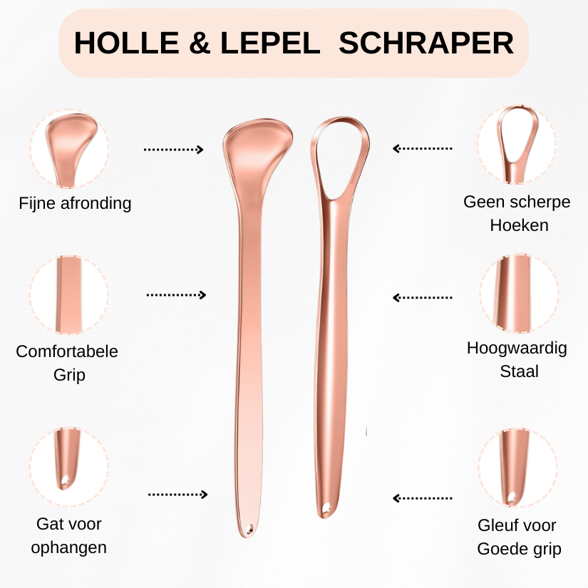 Detailweergave van holle en lepelvormige RVS tongschrapers met ergonomisch design en comfortabele grip