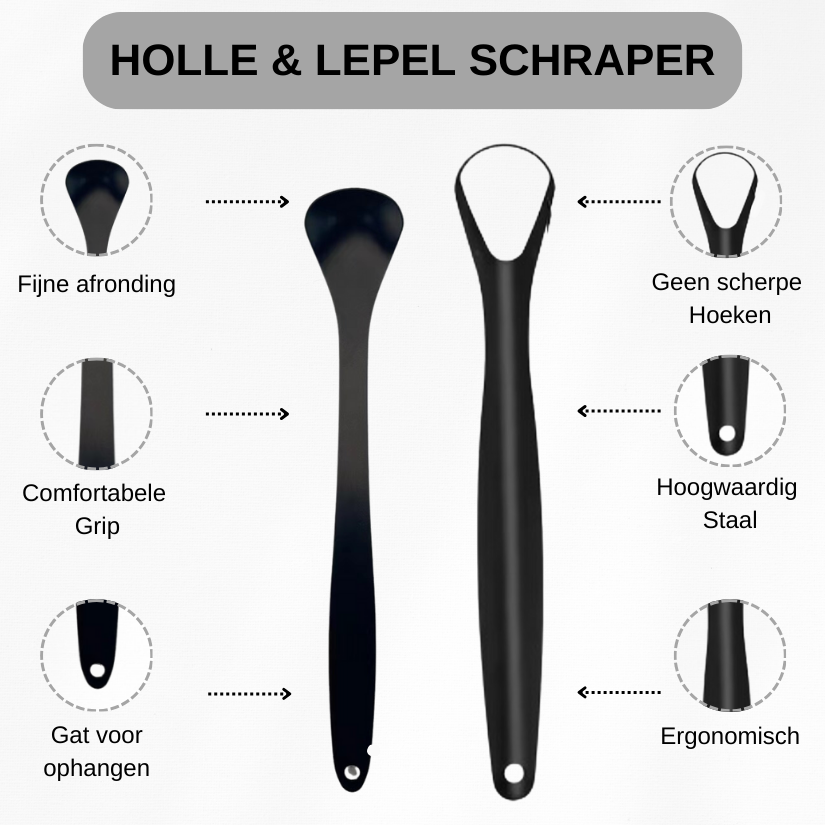 Detailweergave van holle en lepelvormige RVS tongschrapers met ergonomisch design en comfortabele grip