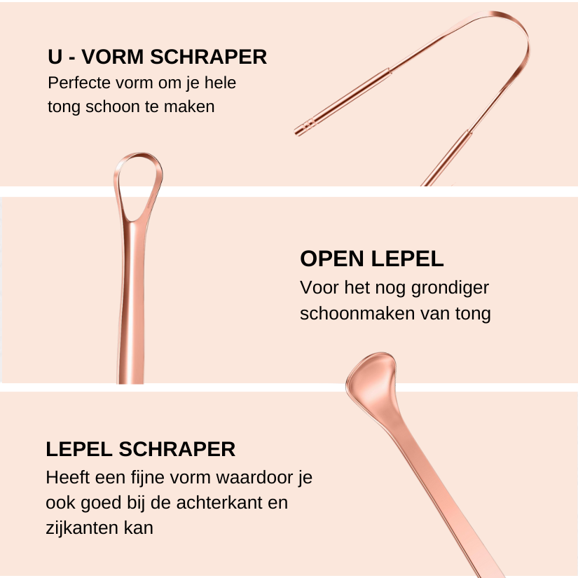 Set van 3 tongschrapers: U-vorm, lepelvorm en open lepel voor volledige tongreiniging