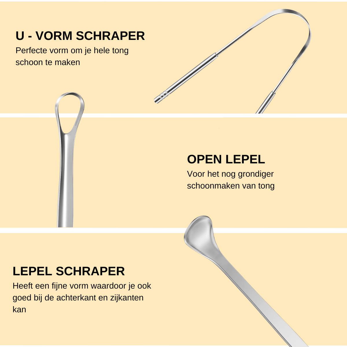 Set van 3 tongschrapers: U-vorm, lepelvorm en open lepel voor volledige tongreiniging