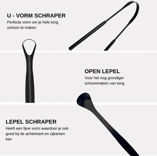 Set van 3 tongschrapers: U-vorm, lepelvorm en open lepel voor volledige tongreiniging