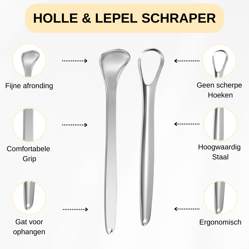 U-vorm tongschraper van roestvrij staal met flexibele armen en afgeronde randen