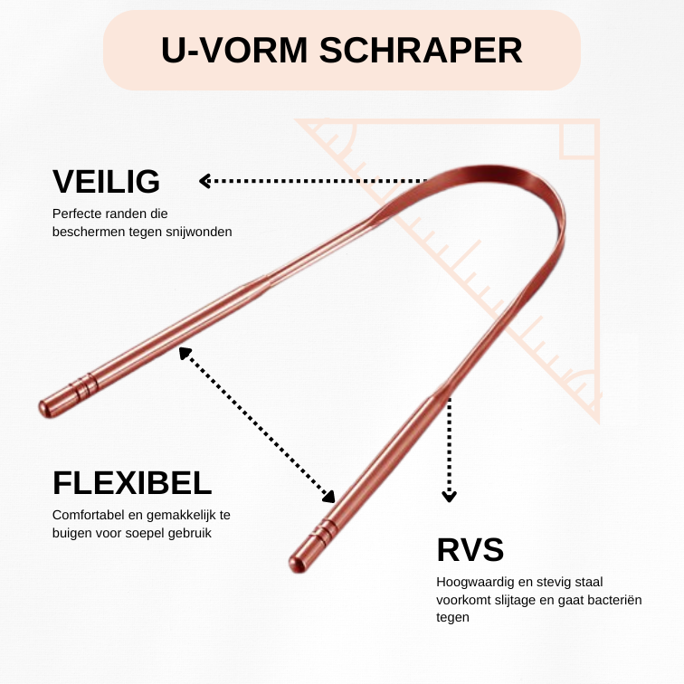 U-vorm tongschraper van roestvrij staal met flexibele armen en afgeronde randen