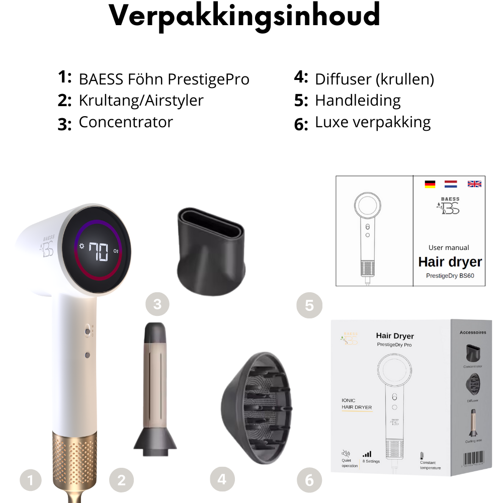 Föhn met Diffuser, Airstyler en Concentrator - Ionentechnologie - 8 standen