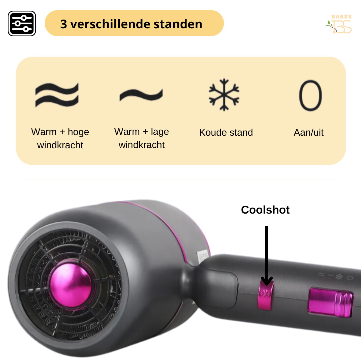 2000W föhn met diffuser en mondstuk voor styling en snel drogen.