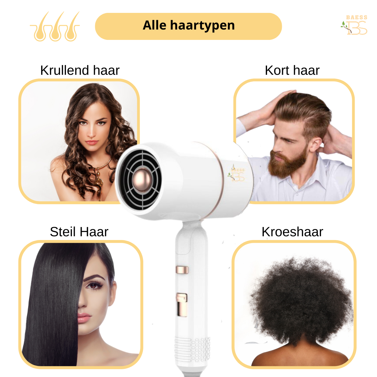 BAESS Turbo Flex Hair dryer with diffuser - 2000W - 3 Stands - Gray/Pink