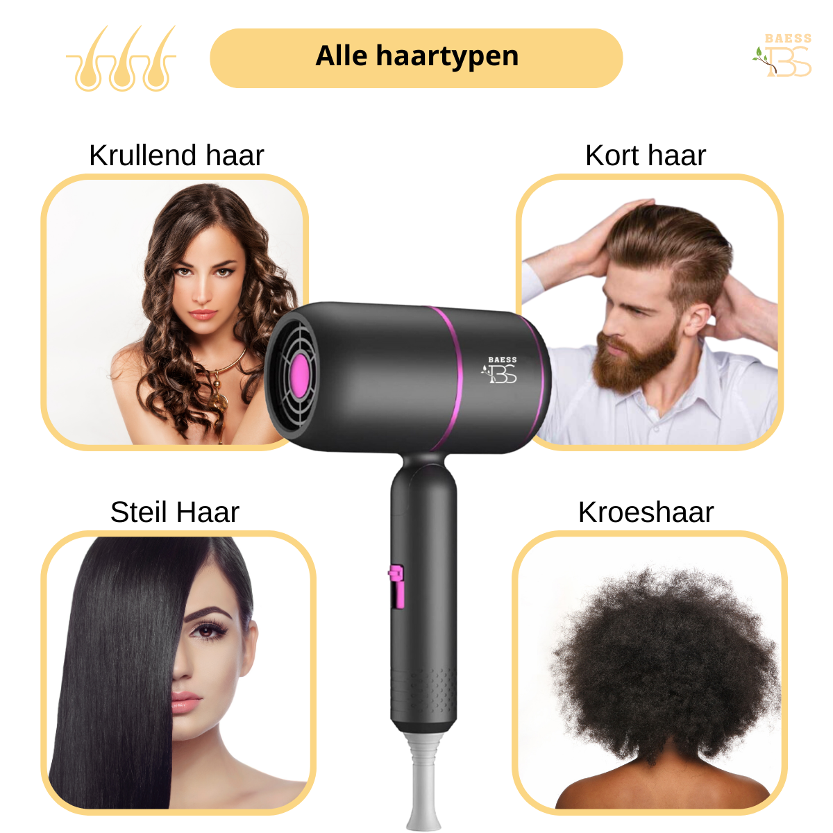 BAESS Turbo Flex Hair dryer with diffuser - 2000W - 3 Stands - Gray/Pink