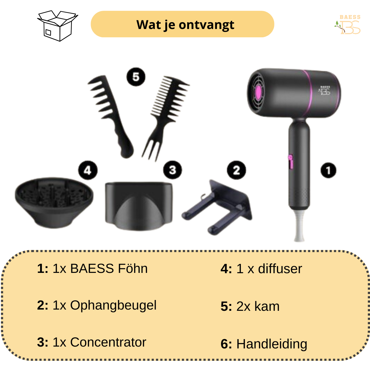 BAESS Turbo Flex Föhn met diffuser - 2000W - 3 Standen - Wit