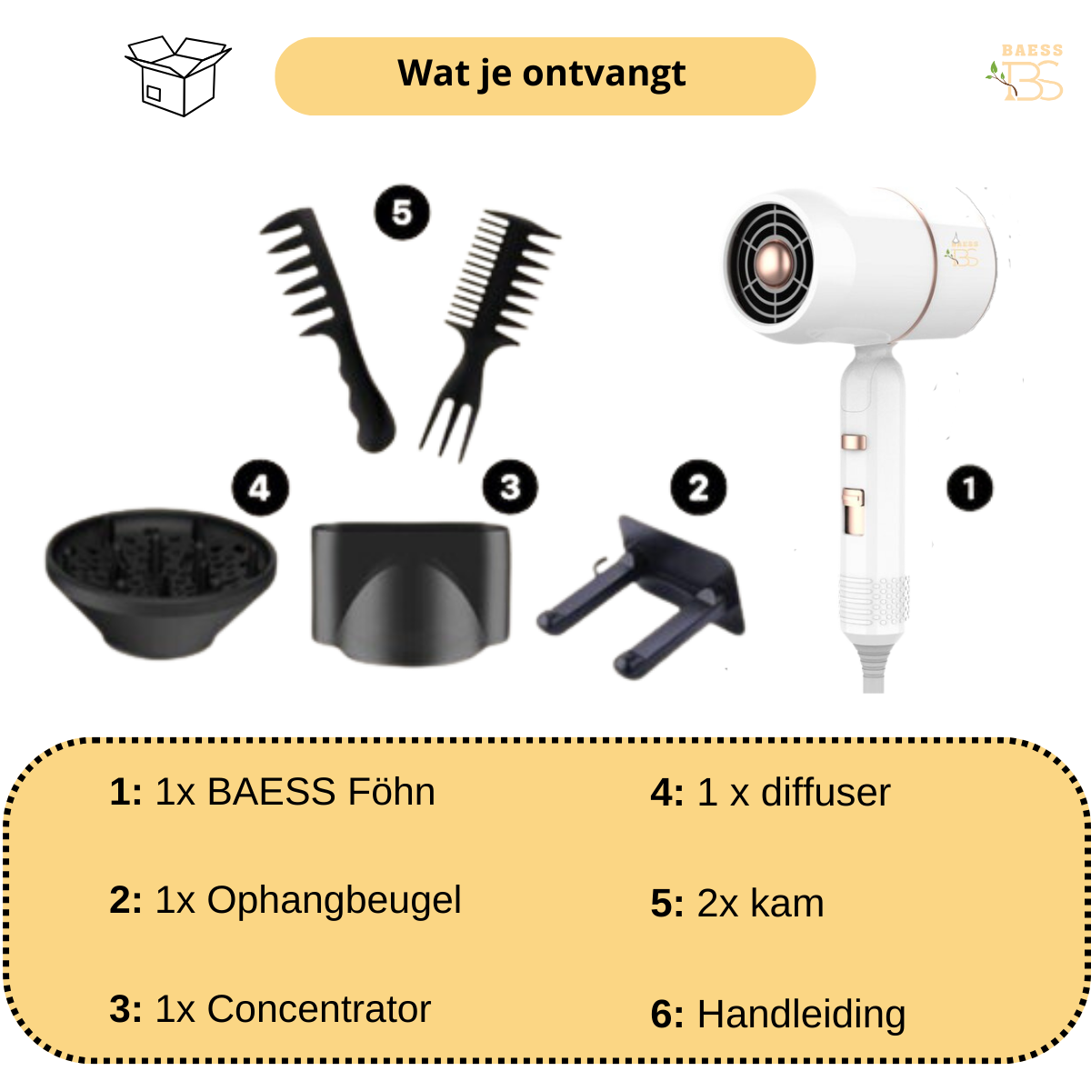 BAESS Turbo Flex Haartrockner mit Diffusor - 2000W - 3 Stufen - Grau/Rosa