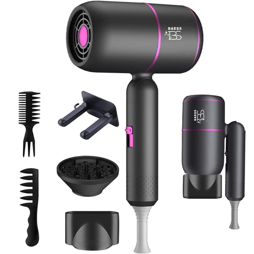 BAESS Turbo Flex föhn met inklapbaar handvat, perfect voor reizen.