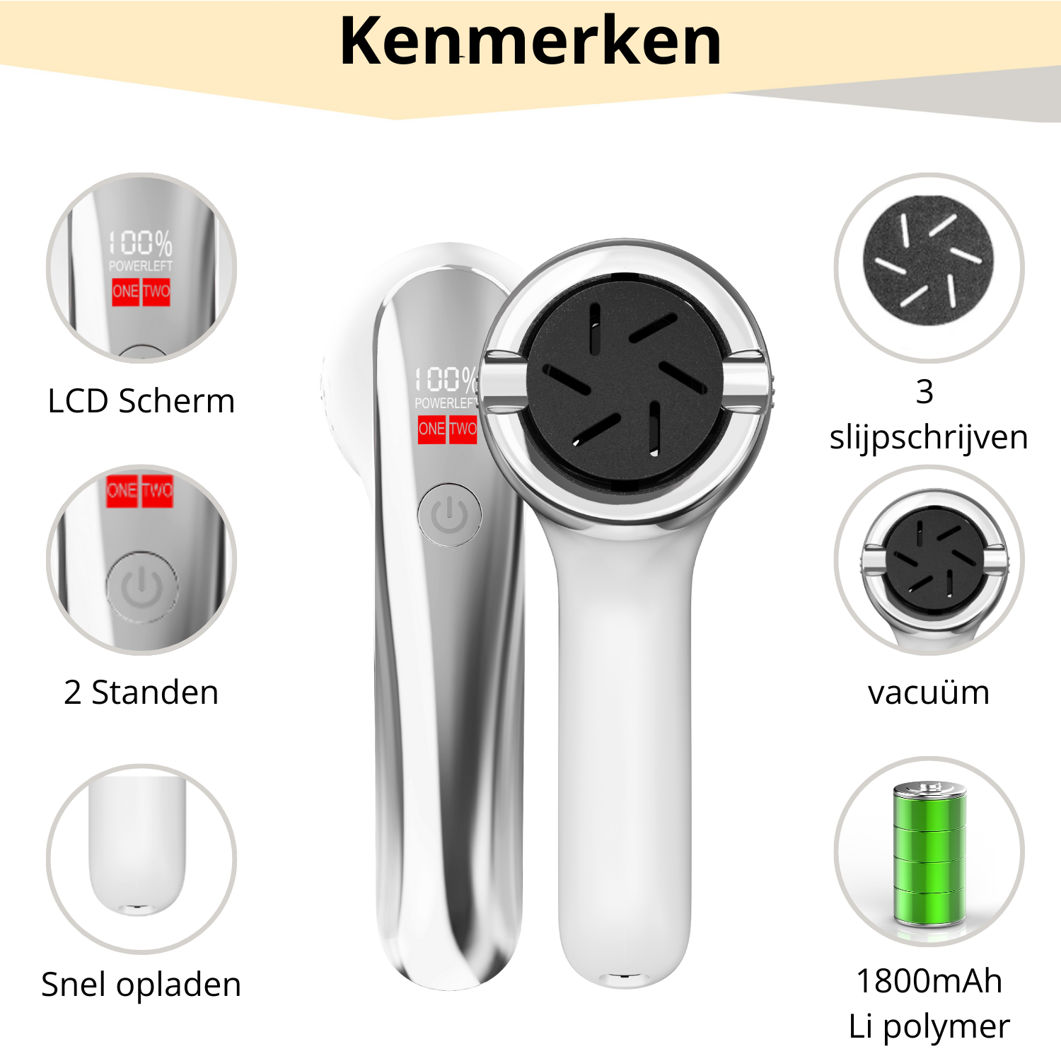 BAESS elektrische eeltverwijderaar – met LCD-display, 2 snelheden, vacuümfunctie en 1800mAh accu