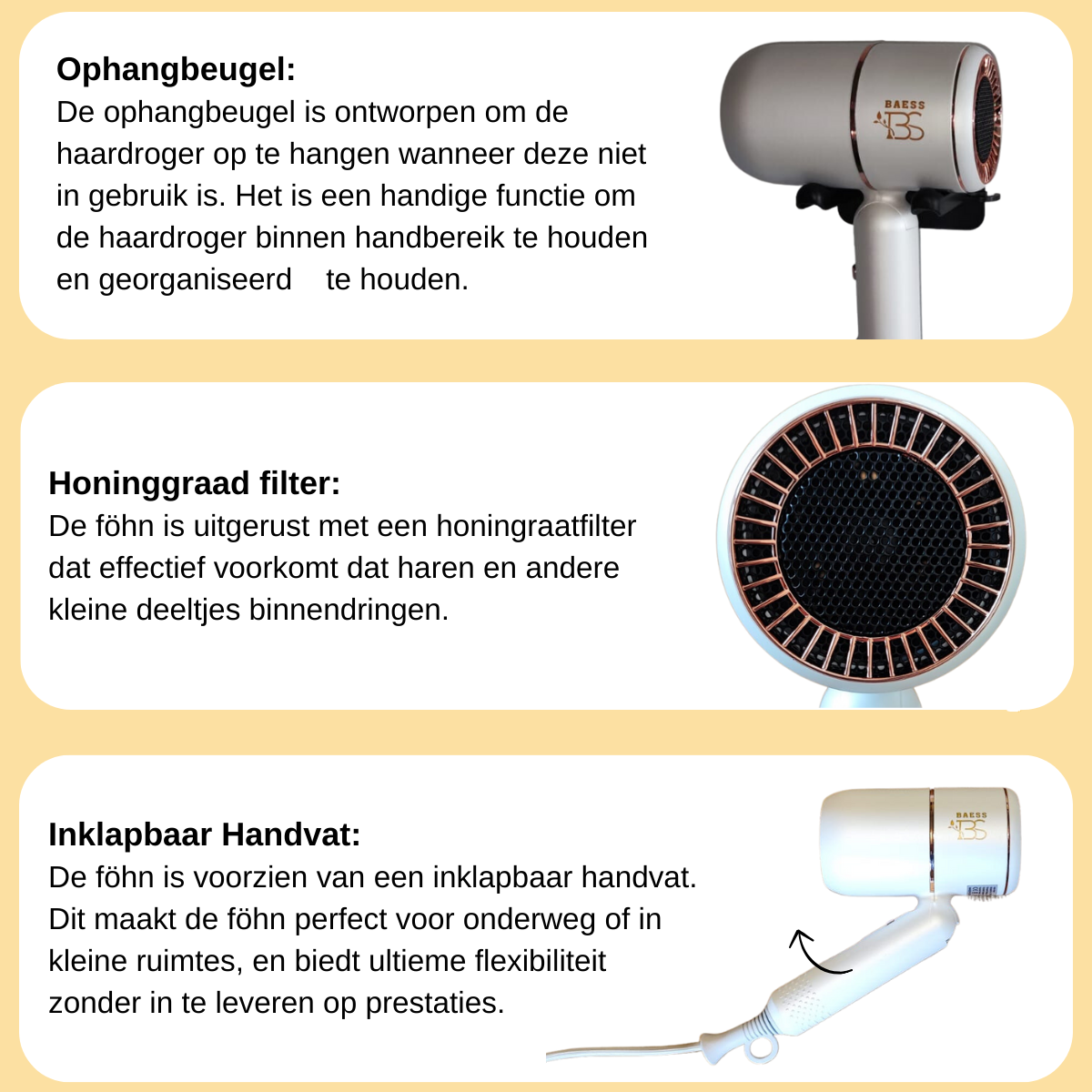 BAESS Turbo Flex Föhn met diffuser - 2000W - 3 Standen - Wit