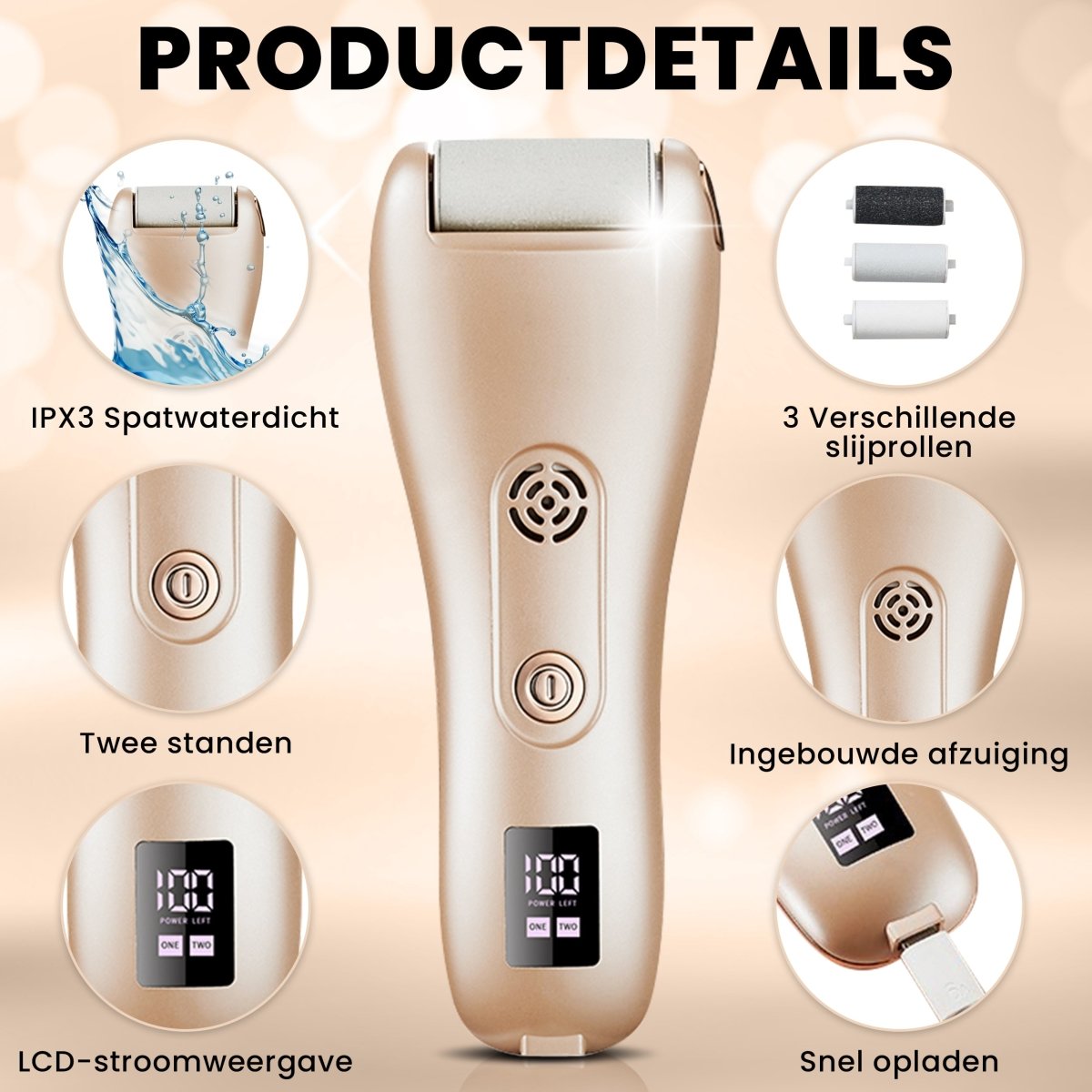 BAESS Beauty Elektrische Eeltverwijderaar - Stofzuigsysteem - 3 Slijprollen - Goud