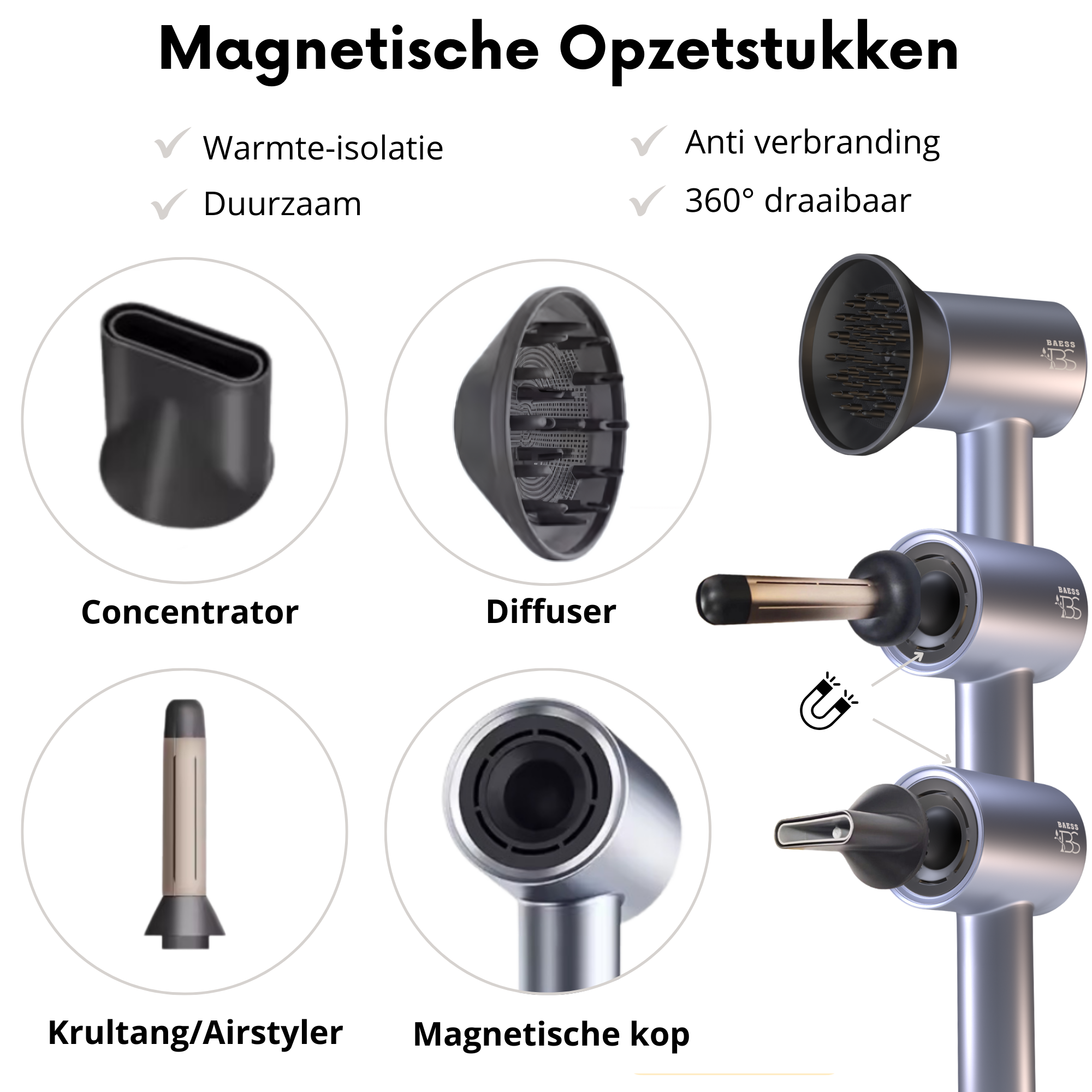 BAESS haardroger met 4 magnetische opzetstukken – diffuser, concentrator, krultang en stylingborstel