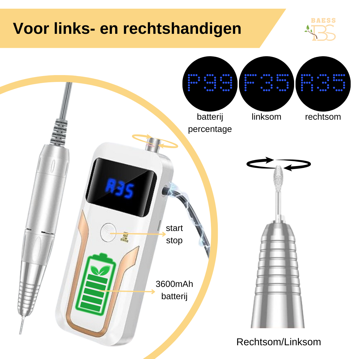 Elektrische nagelfrees geschikt voor links- en rechtshandigen met draairichting linksom/rechtsom, digitaal display en 3600mAh batterij