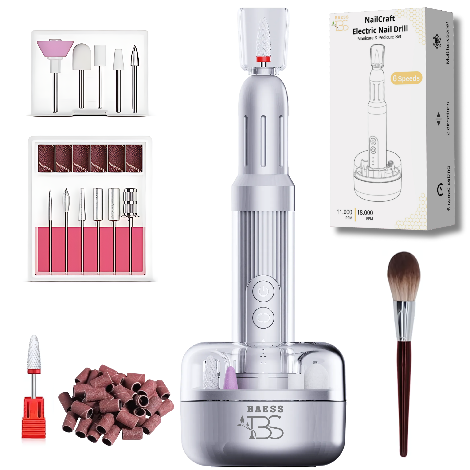 Complete set elektrische nagelfrees – met opzetstukken, reisetui en USB-oplader