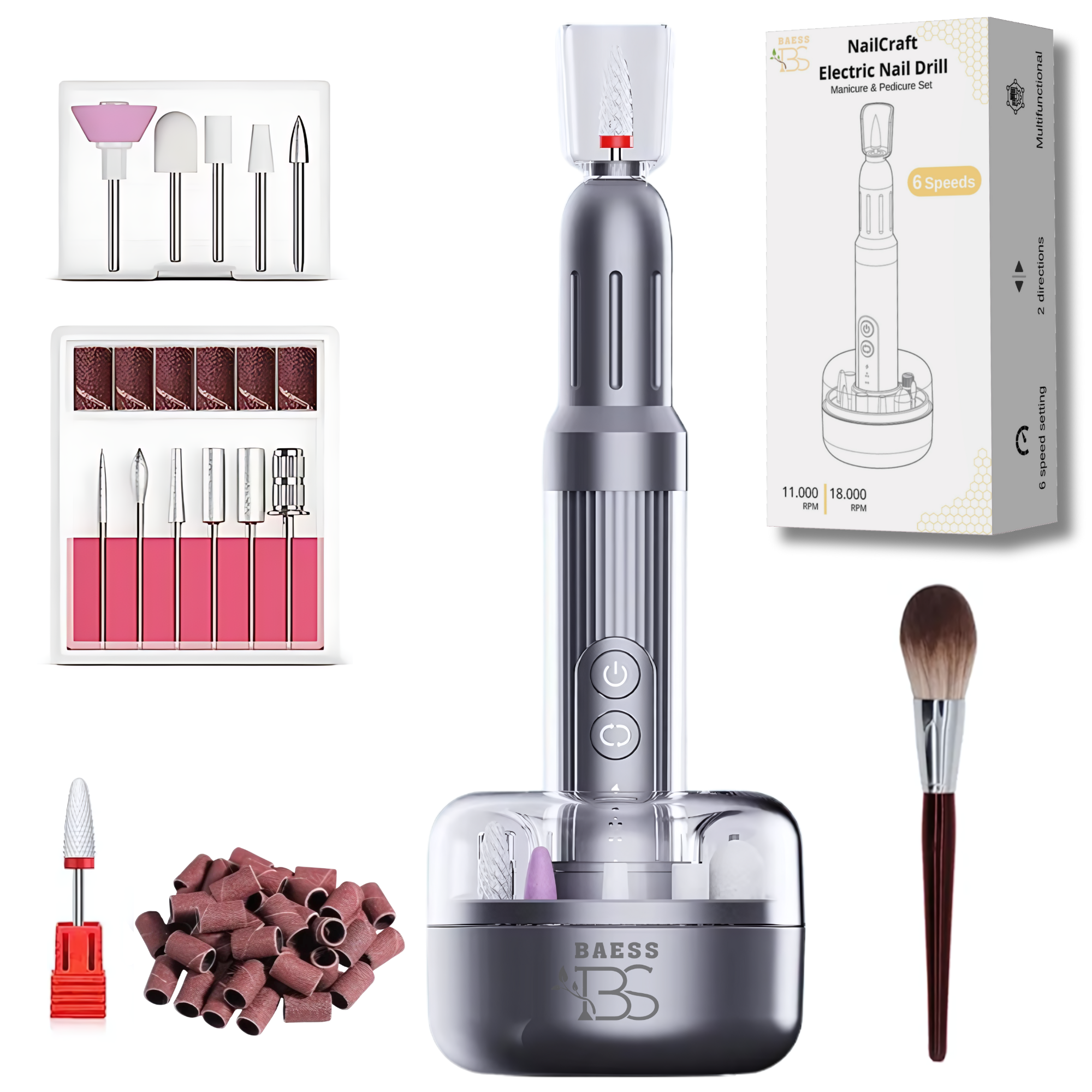 Complete set elektrische nagelfrees – met opzetstukken, reisetui en USB-oplader