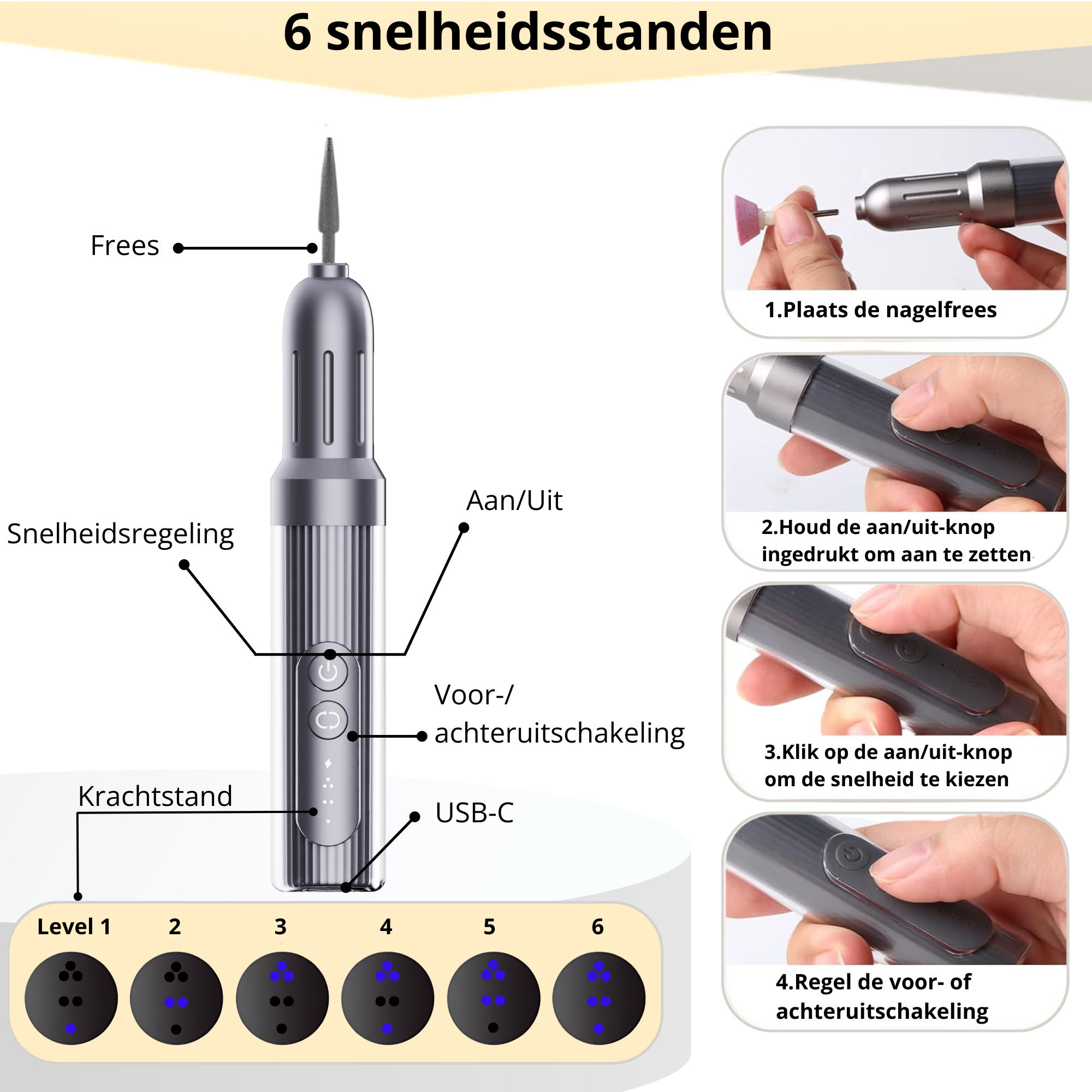 elektrische nagelfrees tijdens gebruik – met duidelijke bediening